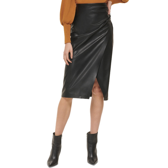 DKNY Women's Faux-Leather Ruched-Side Midi Skirt Size 6